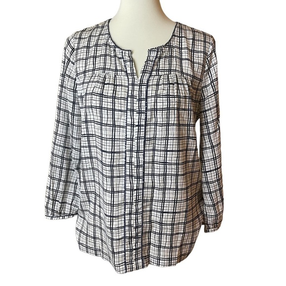 J. Crew Factory Navy & White Plaid Blouse - Size Small - Picture 1 of 7